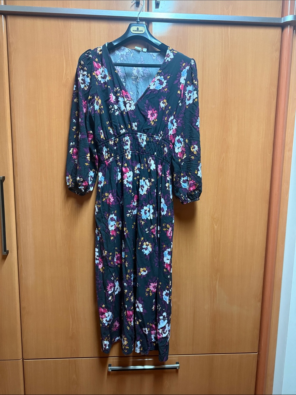 GAP Factory Black Floral V-Neck Midi Dress with Pink & Blue Blooms